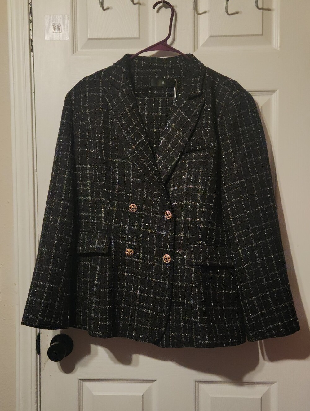Women's Black Tweed Double-Breasted Blazer Jacket & Pants Set | Sz XL